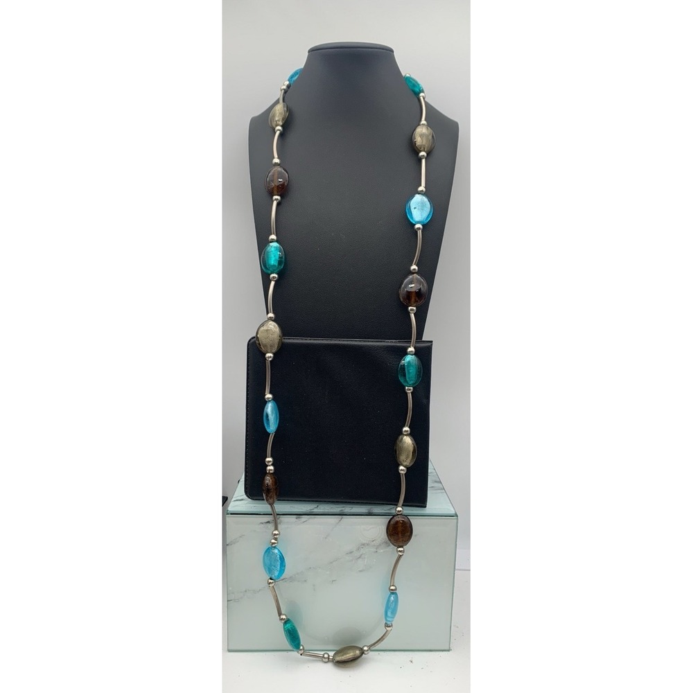 Over The Head Matte Silver Tone And Art Glass Beaded Necklace 40 Inches